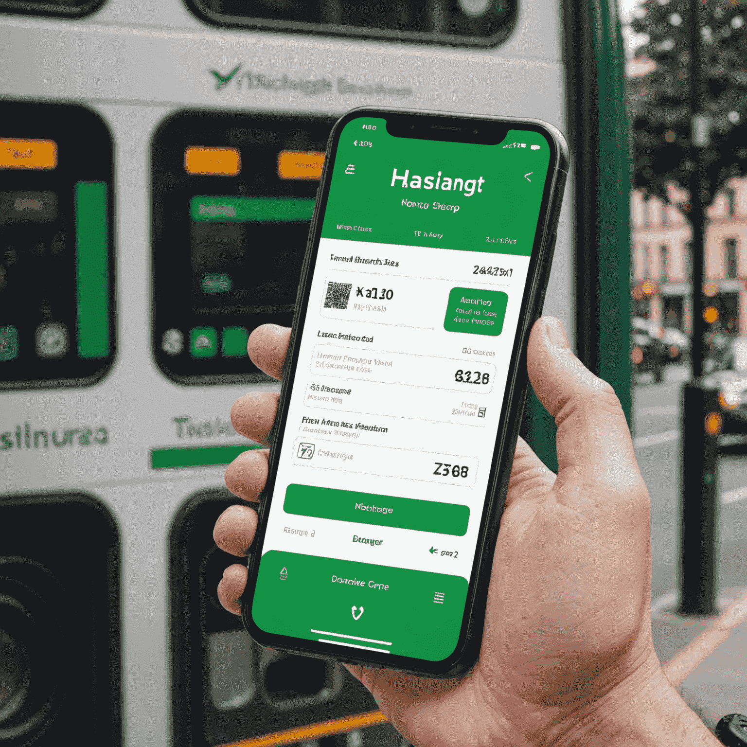 A modern, user-friendly interface of the Hasnightsea platform showing a bus card recharge screen. The image displays a sleek design with green accents, featuring options to select a bus card, enter recharge amount, and a prominent 'Recharge Now' button.