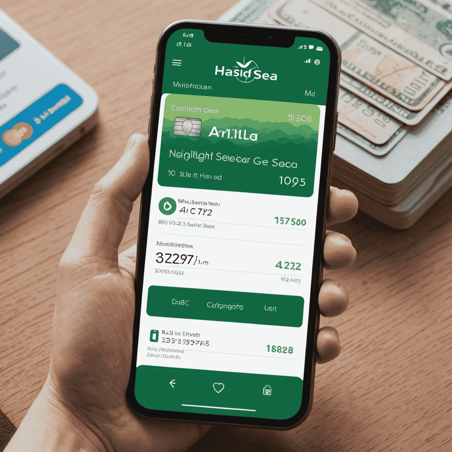 Smartphone displaying Hasnightsea app with bus card balance prominently shown. The interface is clean and user-friendly, with a green color scheme.