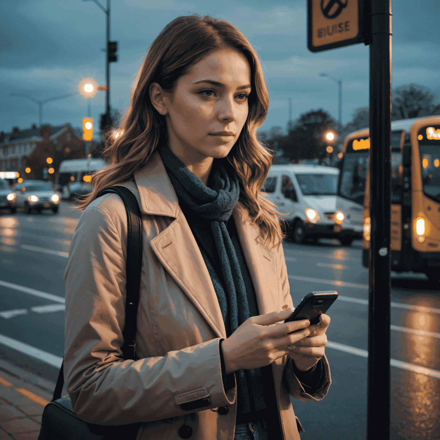 Sarah, a young professional, using the Hasnightsea app on her smartphone while waiting at a bus stop