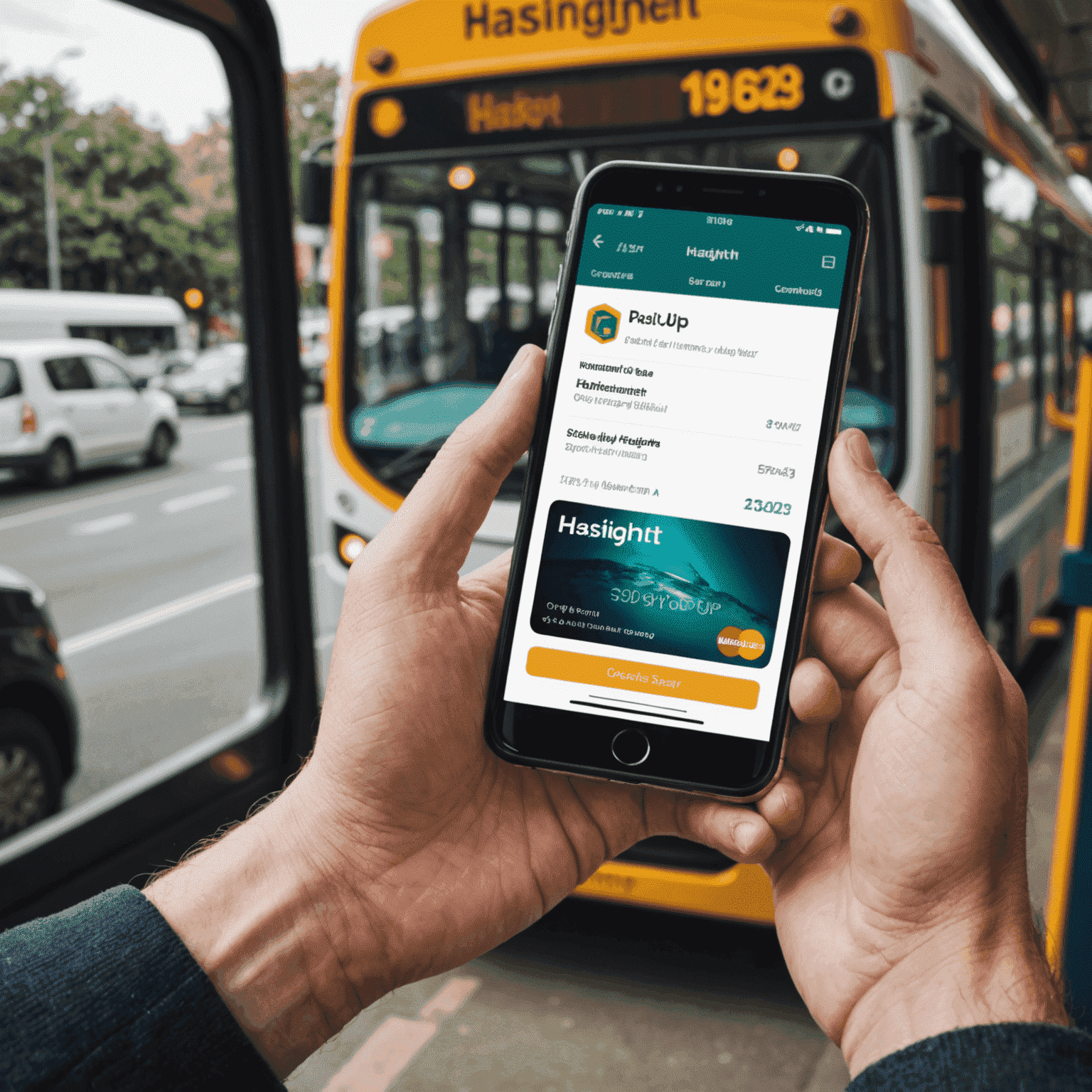A hand holding a smartphone with the Hasnightsea app open, showing the top-up screen. A bus card is visible next to the phone, emphasizing the ease of adding credit to the card through the platform.