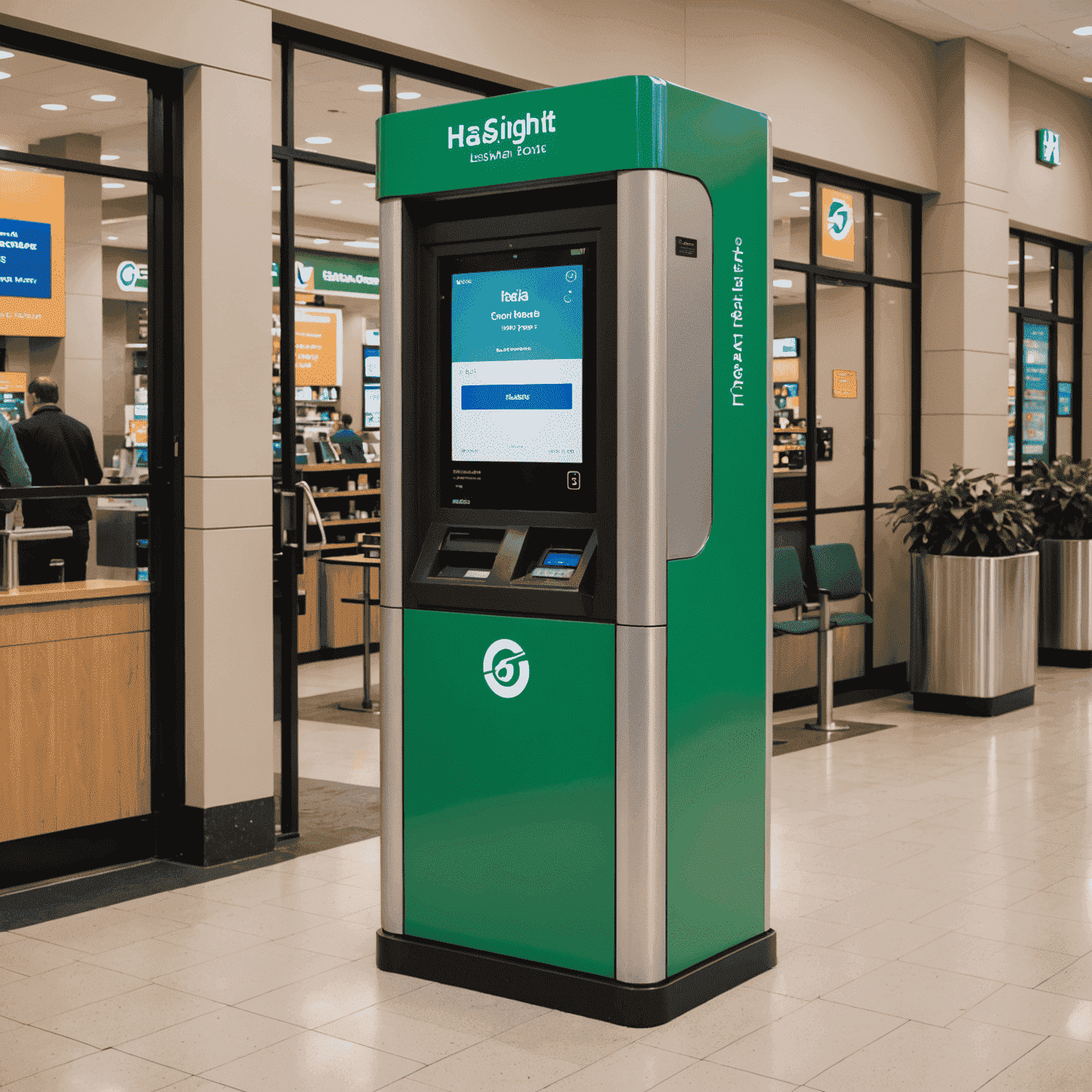 A modern, green-colored balance check kiosk with a digital display and a card reader. The kiosk is sleek and user-friendly, showcasing the Hasnightsea logo and clear instructions for checking bus card balance.