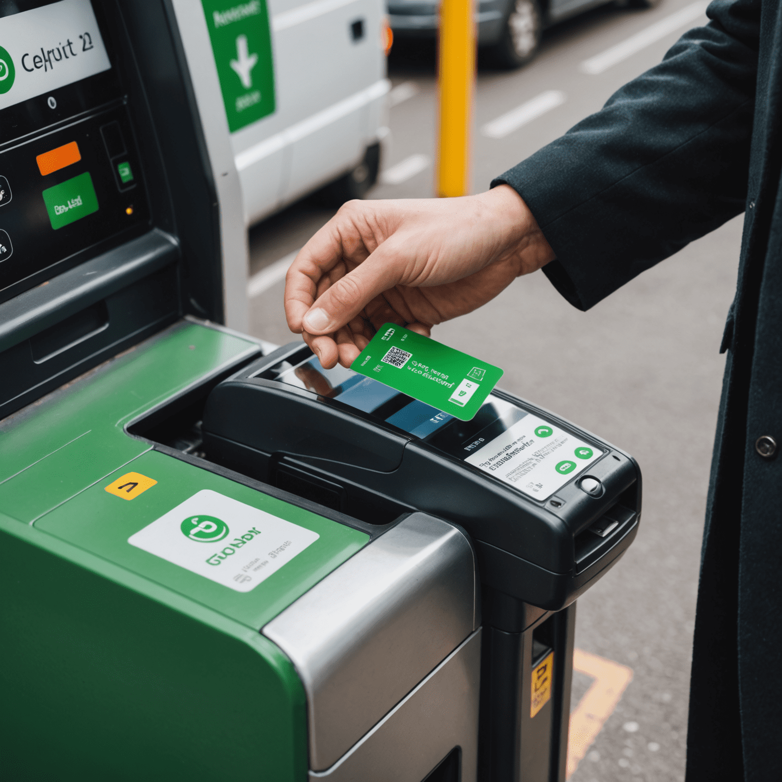 A person tapping their bus card on a reader, with a green checkmark appearing to indicate successful auto-reload