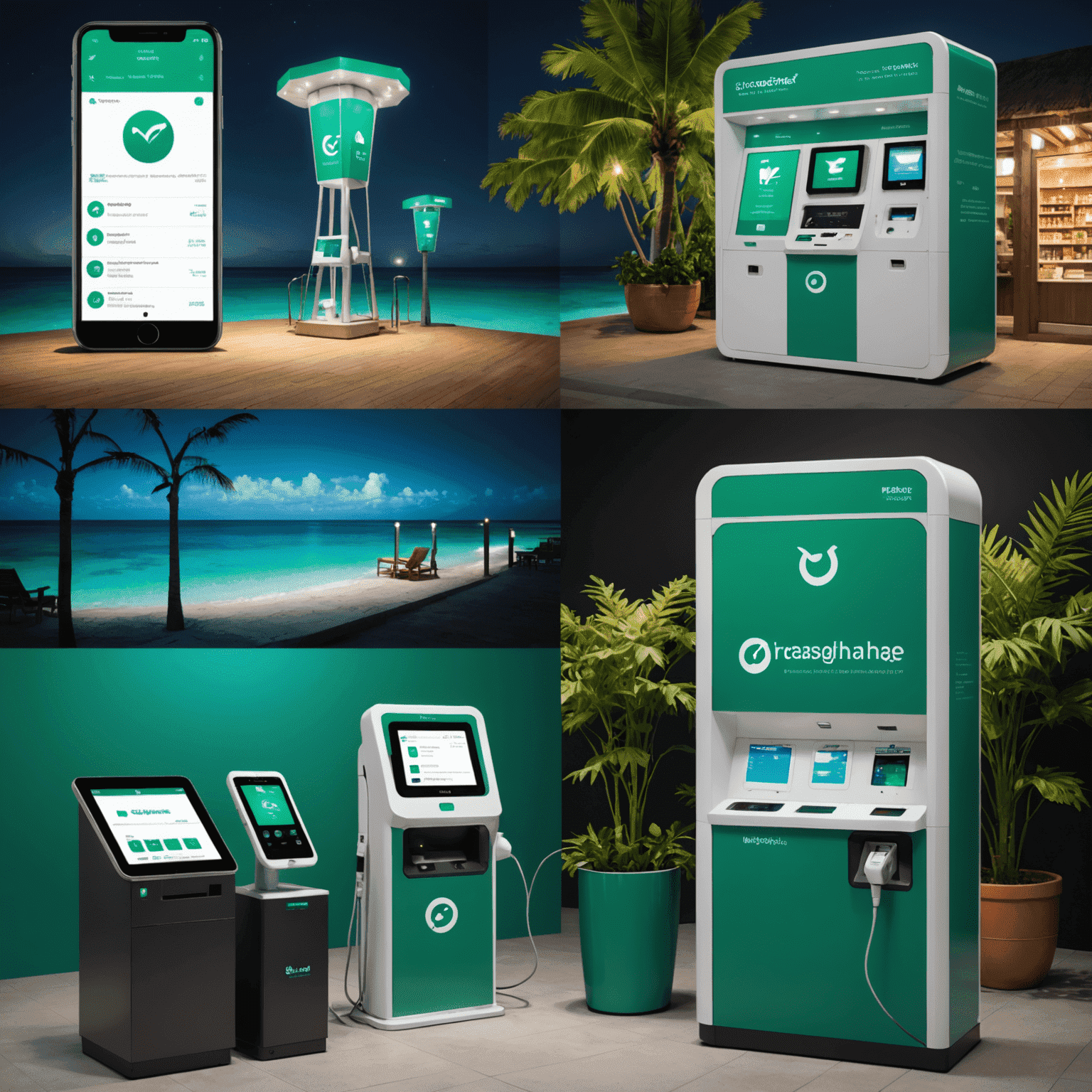 Collage of various recharge methods including mobile app, website interface, and physical kiosk. Each method is represented with Hasnightsea's green branding.
