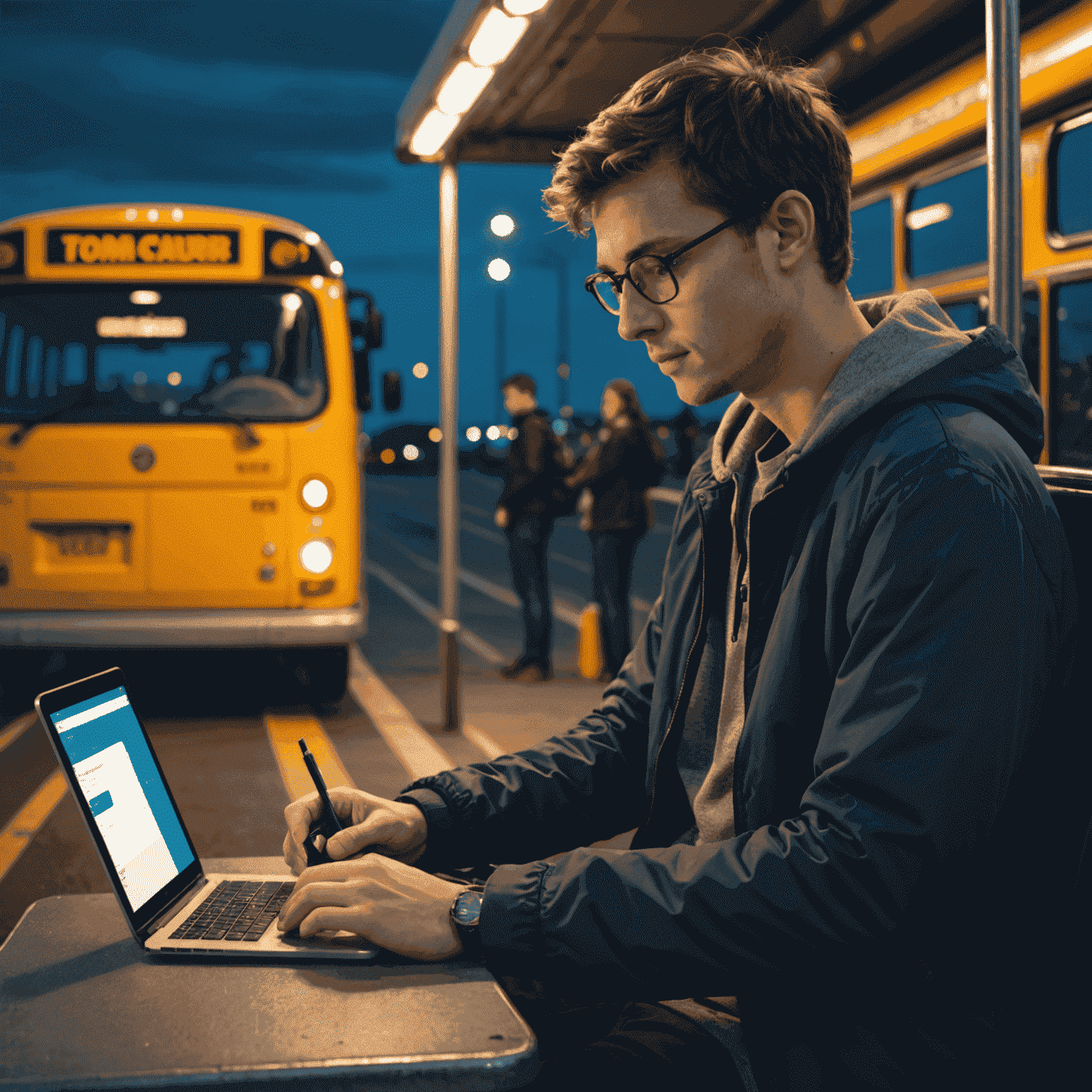 Tom, a student, checking his bus card balance on the Hasnightsea platform using his laptop