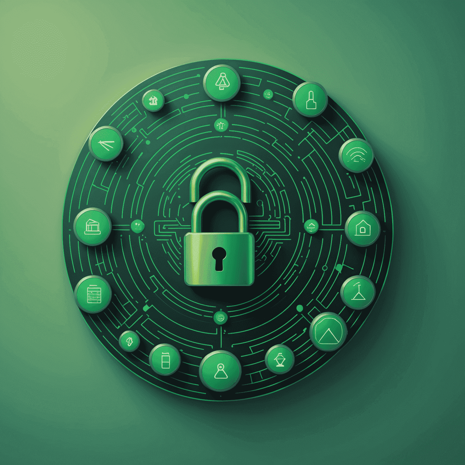 Illustration of security features including encryption symbols, secure login interface, and biometric authentication icons, all in shades of green to match Hasnightsea's branding.