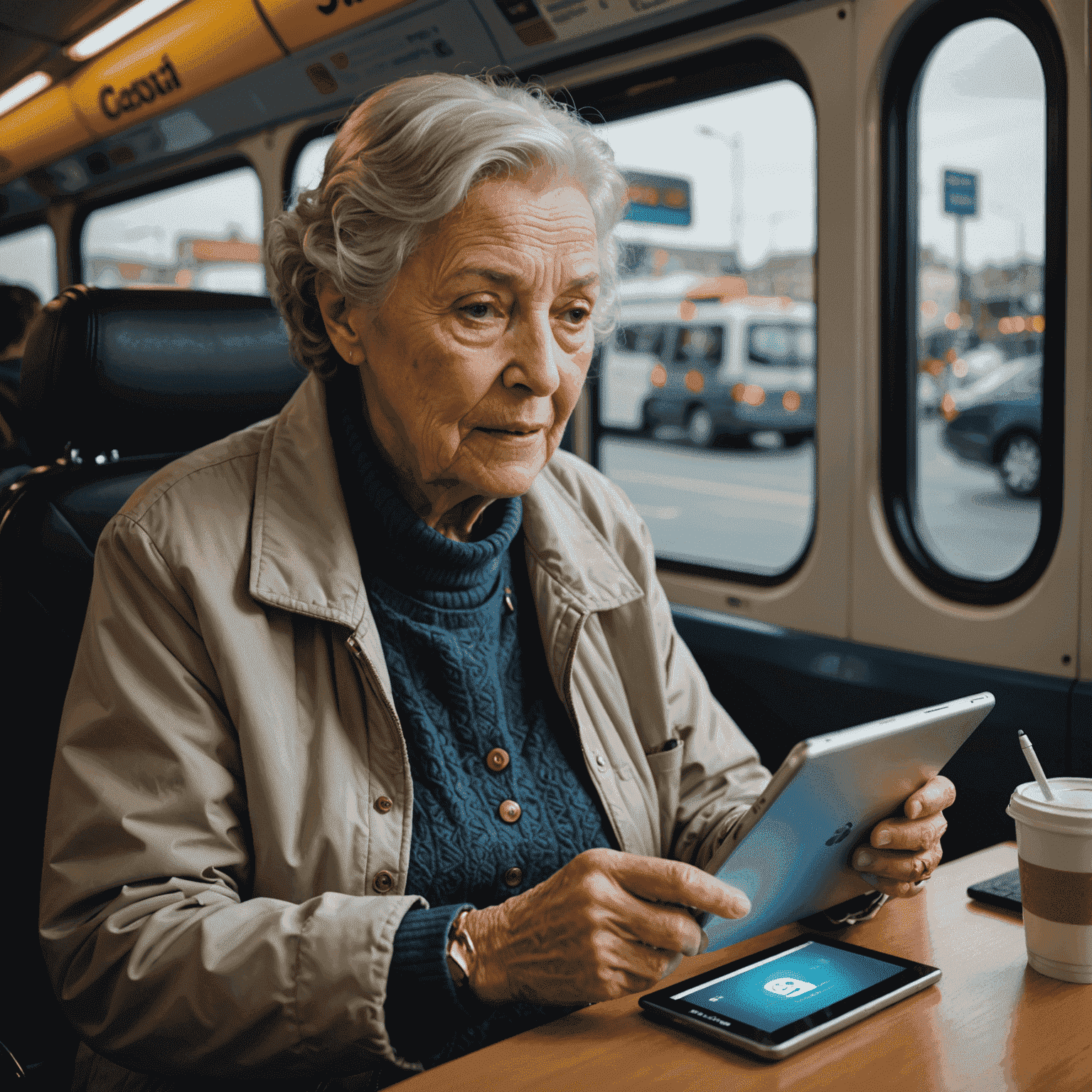 Maria, an elderly woman, easily recharging her bus card using Hasnightsea's user-friendly interface on a tablet