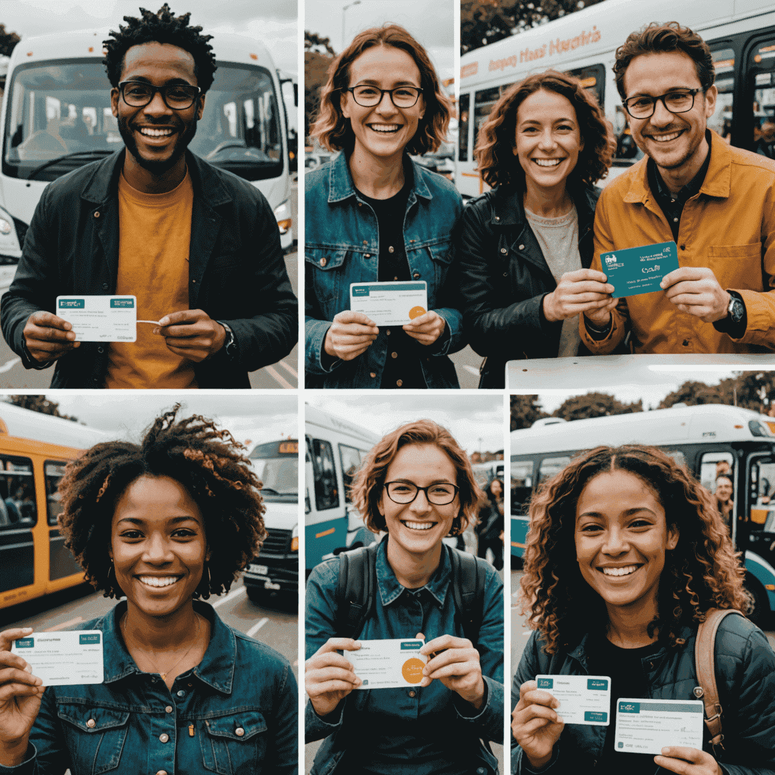 A collage of happy Hasnightsea users holding their bus cards, representing success stories from the platform