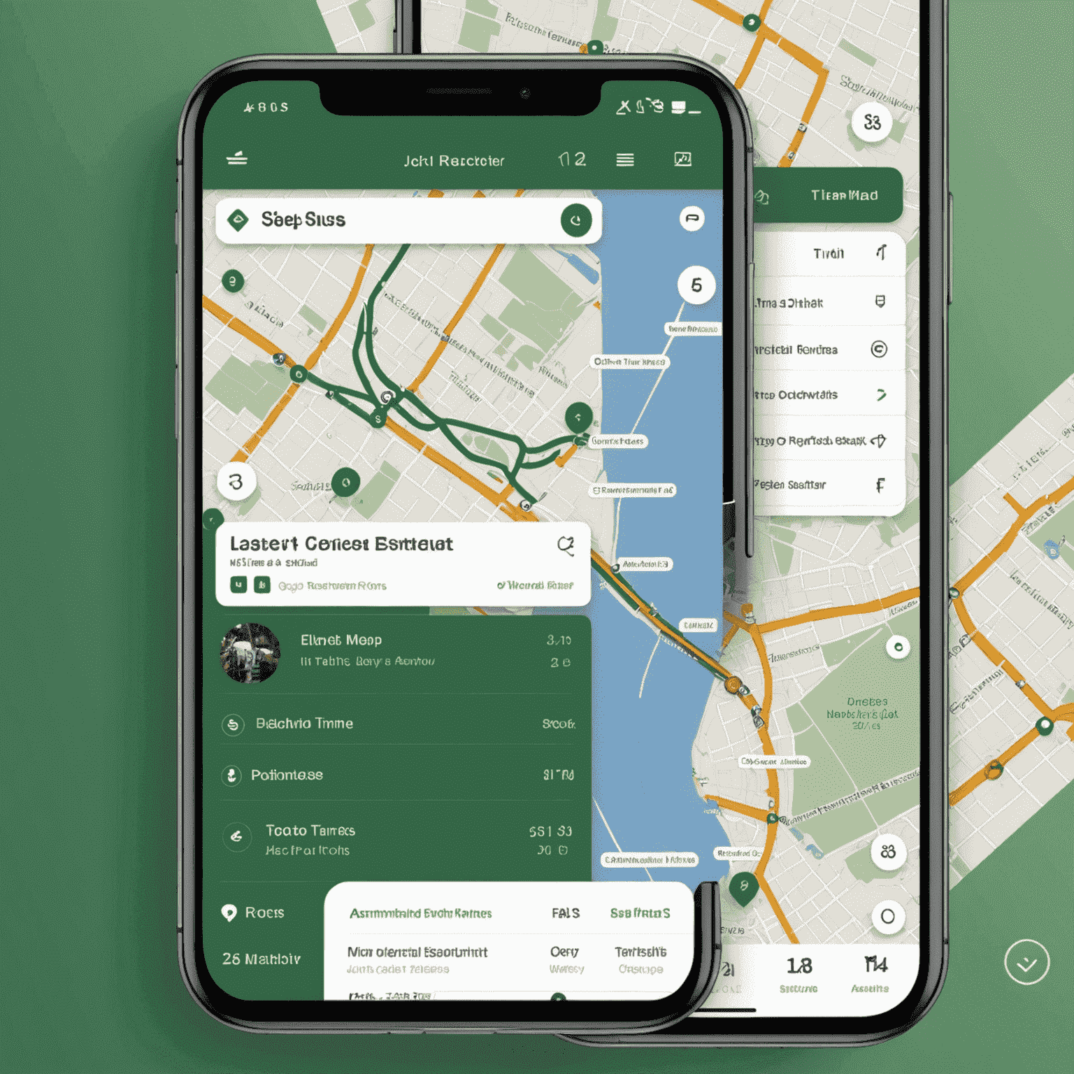 Preview of Hasnightsea's journey planner interface showing a map with bus routes, estimated arrival times, and fare information. The design is clean and intuitive with a predominant green theme.