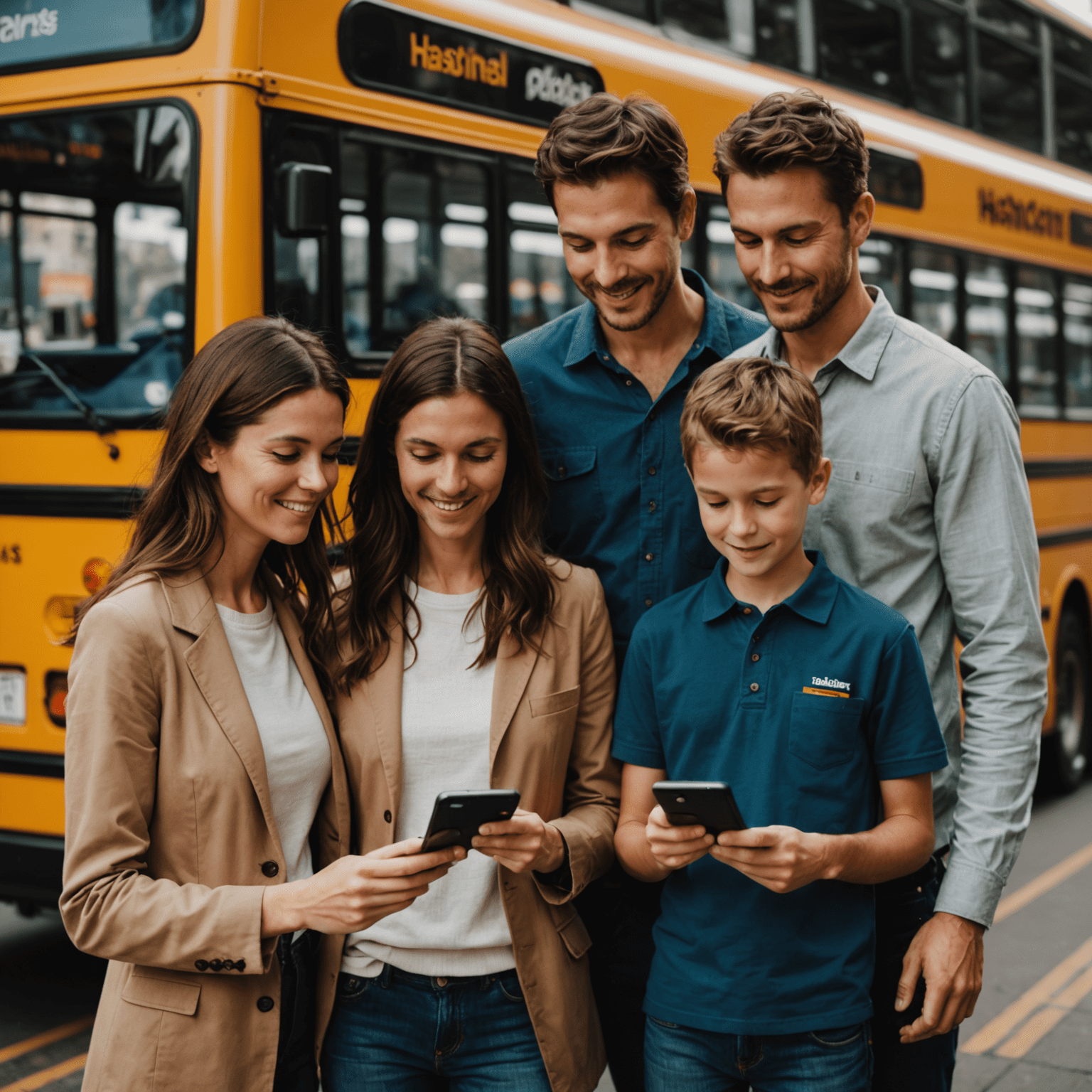 A family of four using Hasnightsea to manage multiple bus cards on a single smartphone