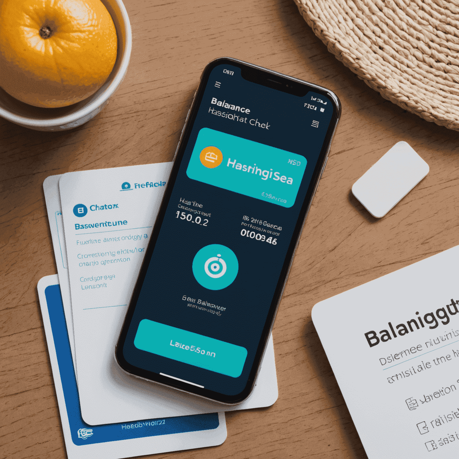 A smartphone displaying the Hasnightsea app's balance check screen, showing a clear and easy-to-read balance amount. A bus card is partially visible next to the phone, illustrating the instant balance inquiry feature.